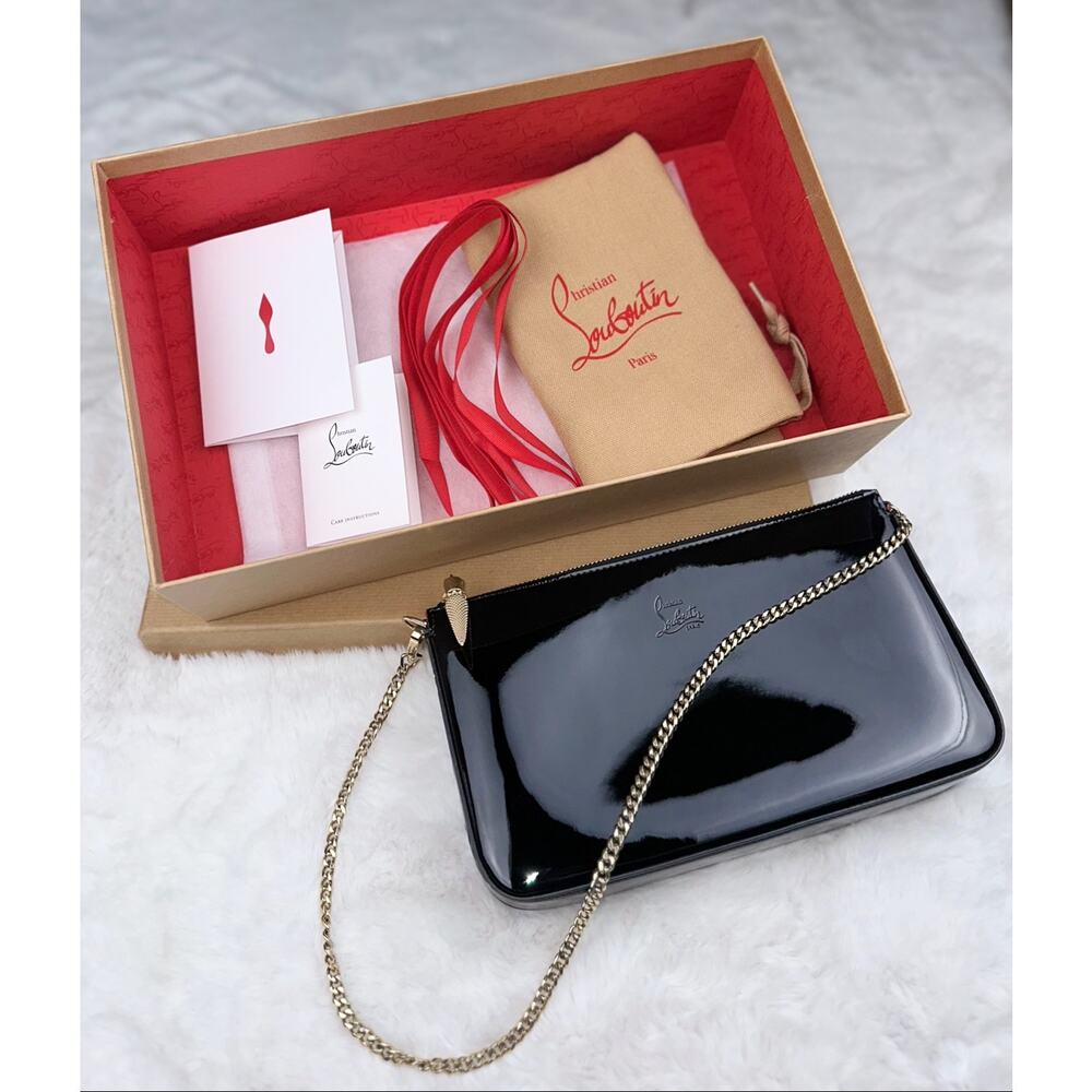 Christian Louboutin Black Patent Leather Loubila Shoulder Bag Lipstick Zip Pull